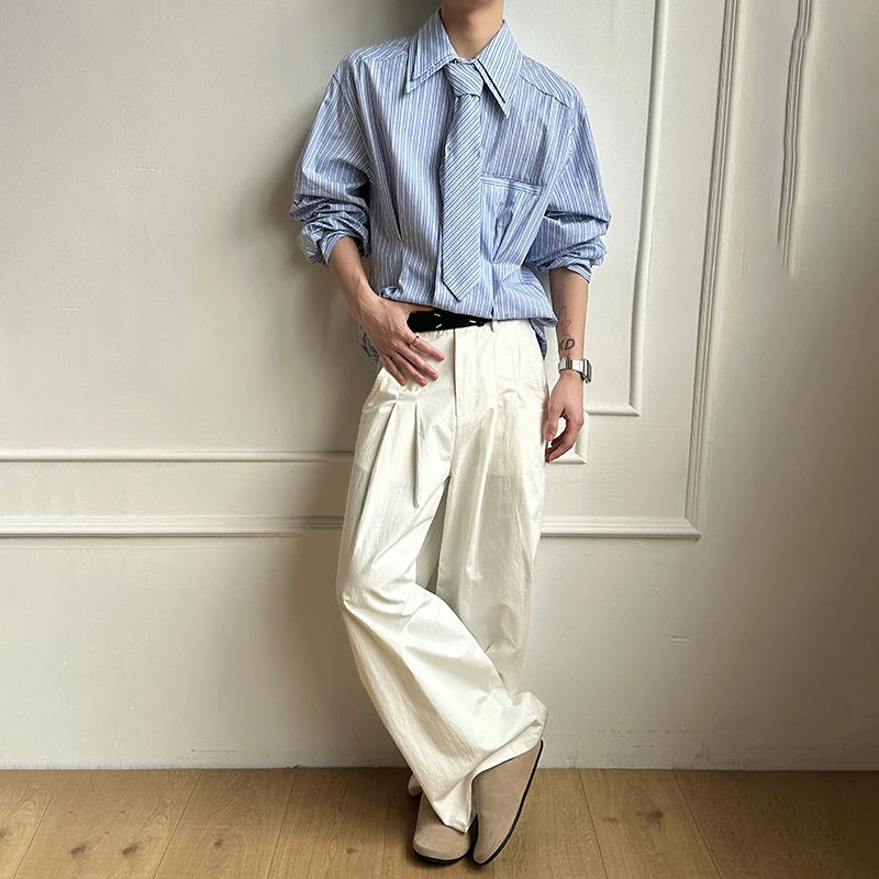 LUZHEN 2026 Spring Stripe Elegant Temperament Long Sleeve Shirts Men's Necktie Decorate Double Layer Neck Casual Clothes JY6781