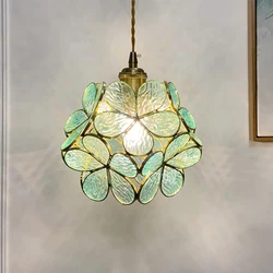 All copper Glazed glass Flower Bedroom Bedside Long Line Small Pendant Lamp Lotus Flower Luxury Retro RestaurantBar Light
