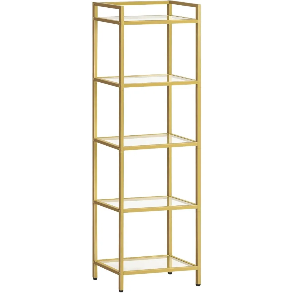 

HOOBRO 5-ярусная золотая полка, узкая книжная полка, витрина со стеклянным книжным шкафом, угловая полка для хранения небольших помещений, для дома
