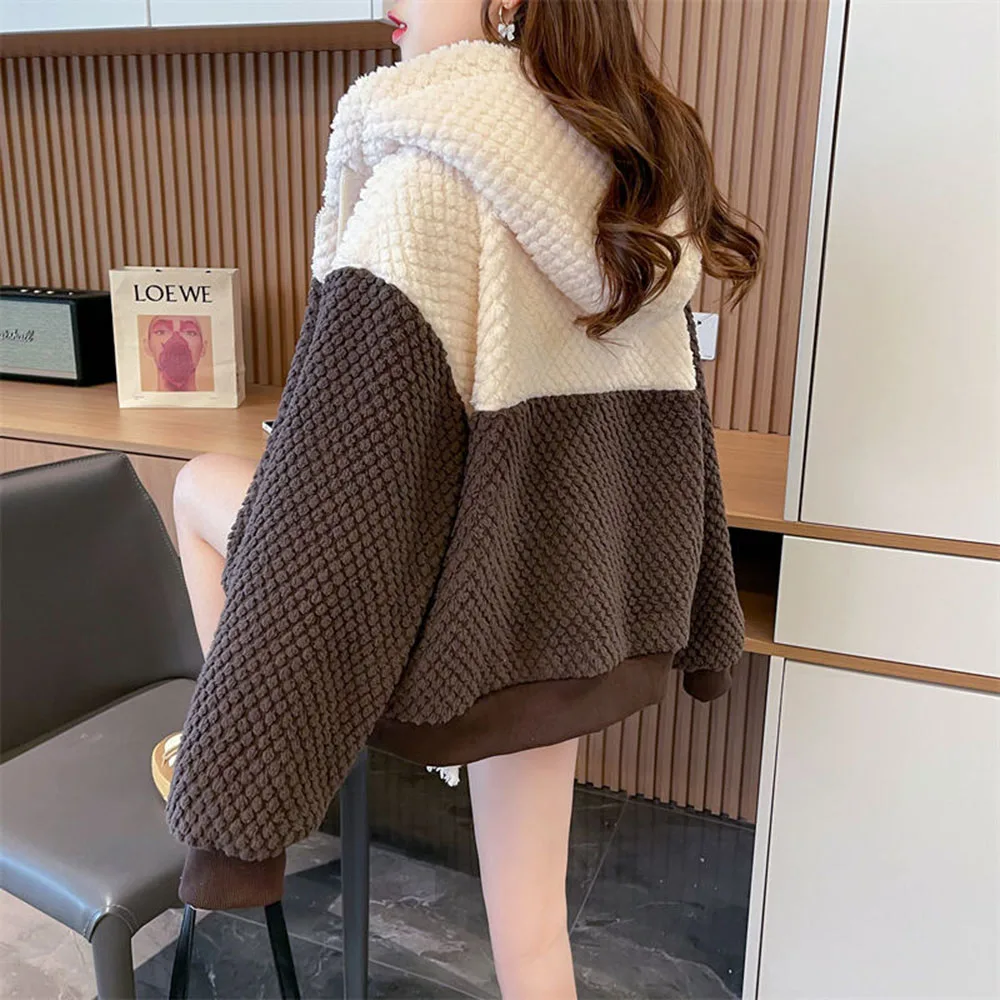 Autumn Winter Lamb Wool Cute Sweatshirts Coat Women\'s Trend Thicken Loose Hooded Jacket Female Cartoon Bear Casual Hoodies Tops