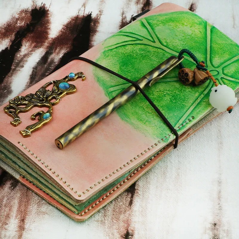 Travel handbook pink standard tn green lotus leaf handmade cowhide notebook Japanese stationery diary custom gift