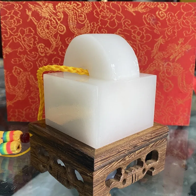 Custom-engraved jade seal in ancient style, large jade seal with engraved name and calligraphy, decorative piece for study room