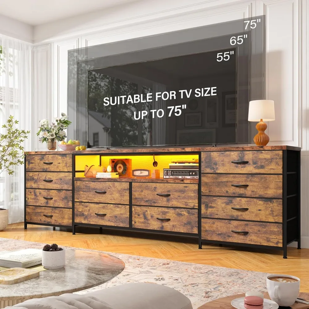 75 Inch TV 63" W Dresser TV Stand for Bedroom with LED Lights & Power Outlets & 12 Drawers Dresser image 2