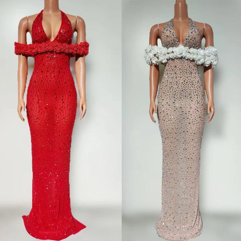 

Red White Rhinestones Evening Dresses Women Party Jazz Dance Costume Celebrate Bar Nightclub Stage Performance Wear XS9647