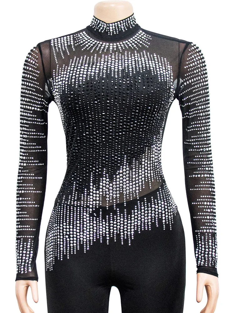 Bonnie Forest Shine Bright Like A Rhinestones Jumpsuit Women Glam Mesh Patchwork Crystal Romper One Piece Outfits Night Clubwear