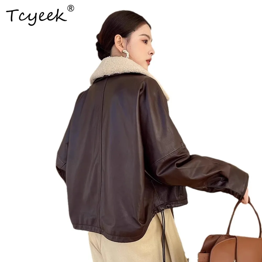 Tcyeek سترة جلدية أصلية للنساء ملابس شتوية معطف من جلد الغنم الحقيقي امرأة دافئة أوزة أسفل معاطف نسائية الصوف الفراء طوق