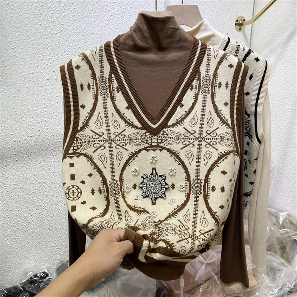 Pull en tricot de perles de diamant vintage pour femmes, pulls Harajuku, t-shirt en Y, vêtements assortis, glaçage géométrique, fibrCrop