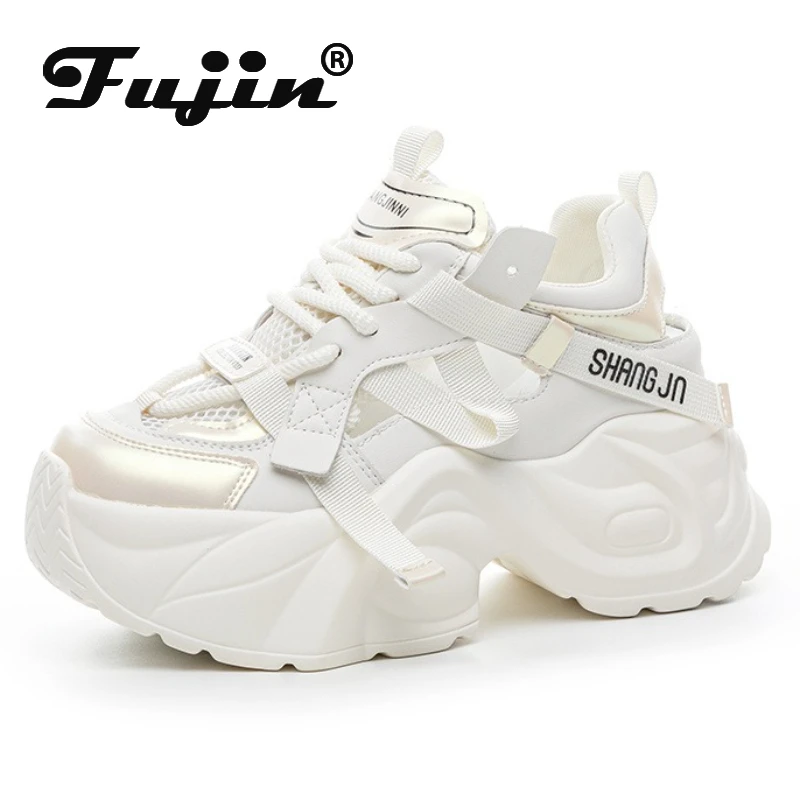 

Fujin/женская летняя сетчатая обувь 9 см, туфли-лодочки, вулканизированные сандалии, массивные кроссовки, полые шлепанцы на танкетке из микрофибры