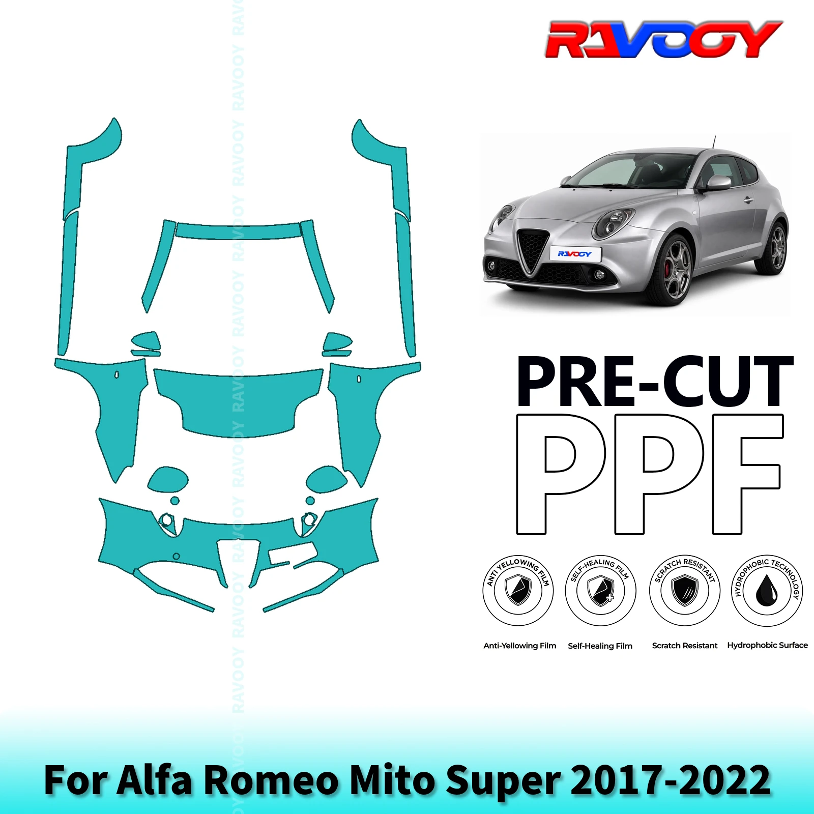 For Alfa Romeo Mito Super 2017-2022 Partial Front+Rocker Panels 8.5Mil Pre-Cut Paint Protection Film PPF Kit | Clear/Matte/Black