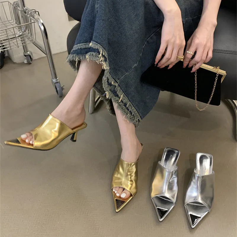 Summer Gold Pointed Toe Slide Slippers Women Sexy Open Toe Thin Low Heels Sandals Party Prom Ladies Designer Shoes Elegant Mules