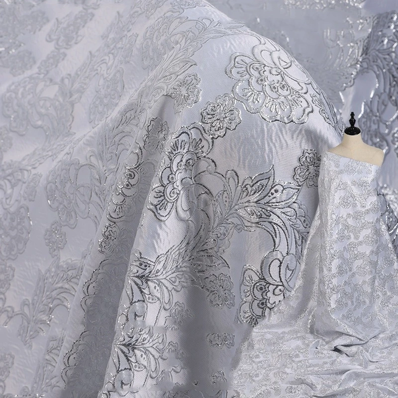 3D Embossed Floral Jacquard Fabric Metallic Silver Botanical for Vintage Chinese Coat Designer Sewing Supplies Wide 145cm