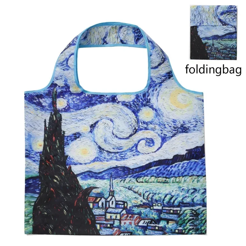 Painting Pattern Storage Bag Van Gogh Hand Painted Oil Painting Shopping Bag Portable Foldable Travel Bag Shoulder Shopping Bags