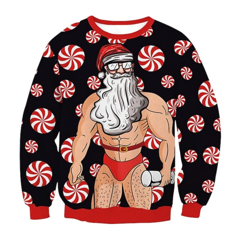 Muscle Santa Claus Ugly Christmas Man Sweatshirts Funny Merry Christmas Long Sleeve Pullover Sweatshirt 3D Print Men's Clothing