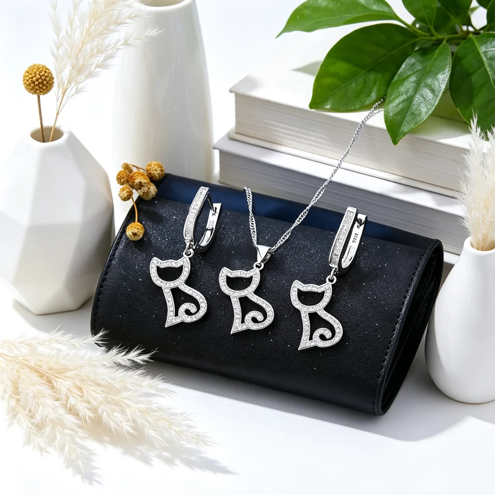 Fashion Genuine 925 Sterling Silver Cute Cat Pattern Jewelry Sets For Women Girls Pendants Necklace Earring Sets Birthday Gifts