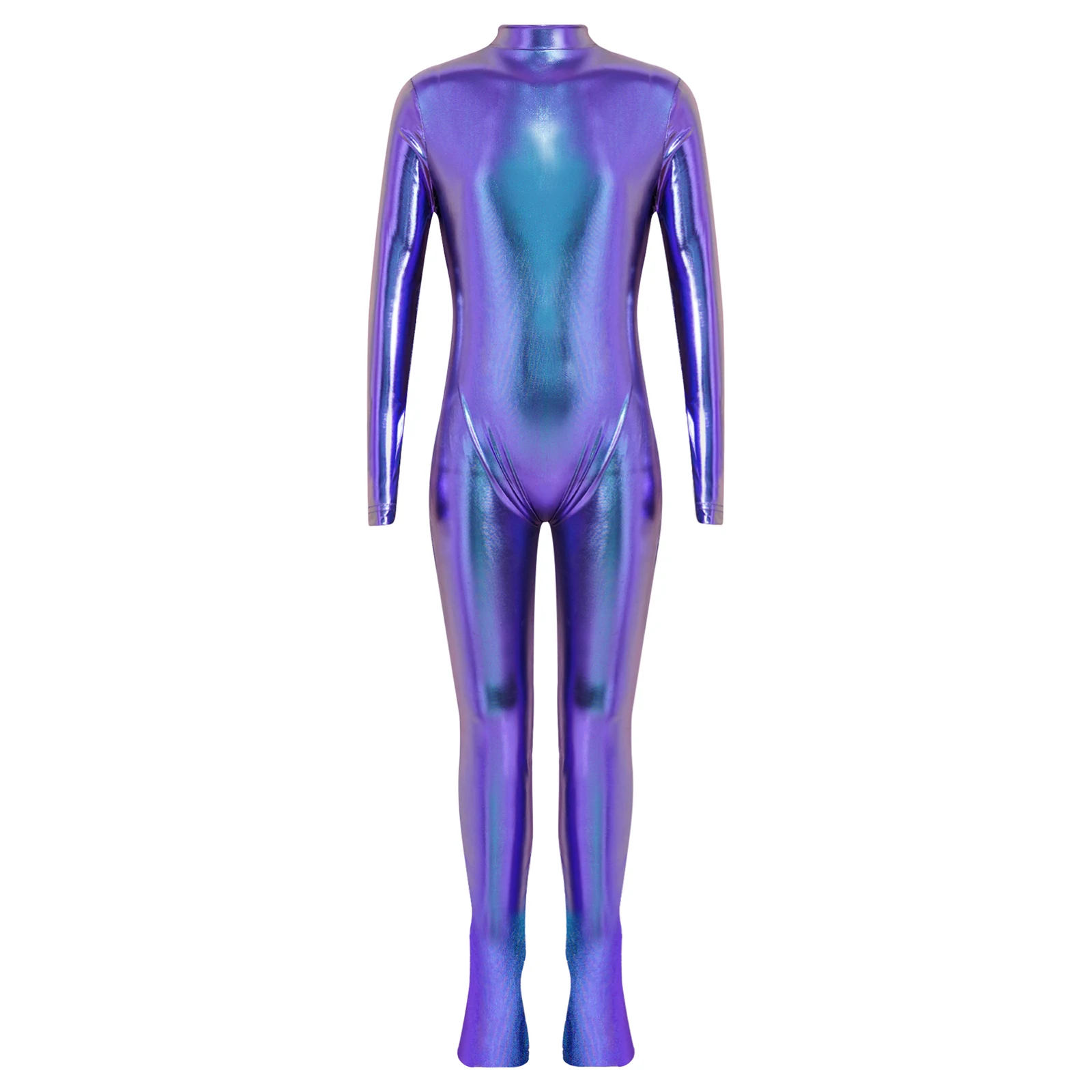 Kids Girls Metallic Footed Jumpsuit Long Sleeve Zipper Front Shiny Bodysuit Gymnastics Ballet Dance Unitard Performance Costume