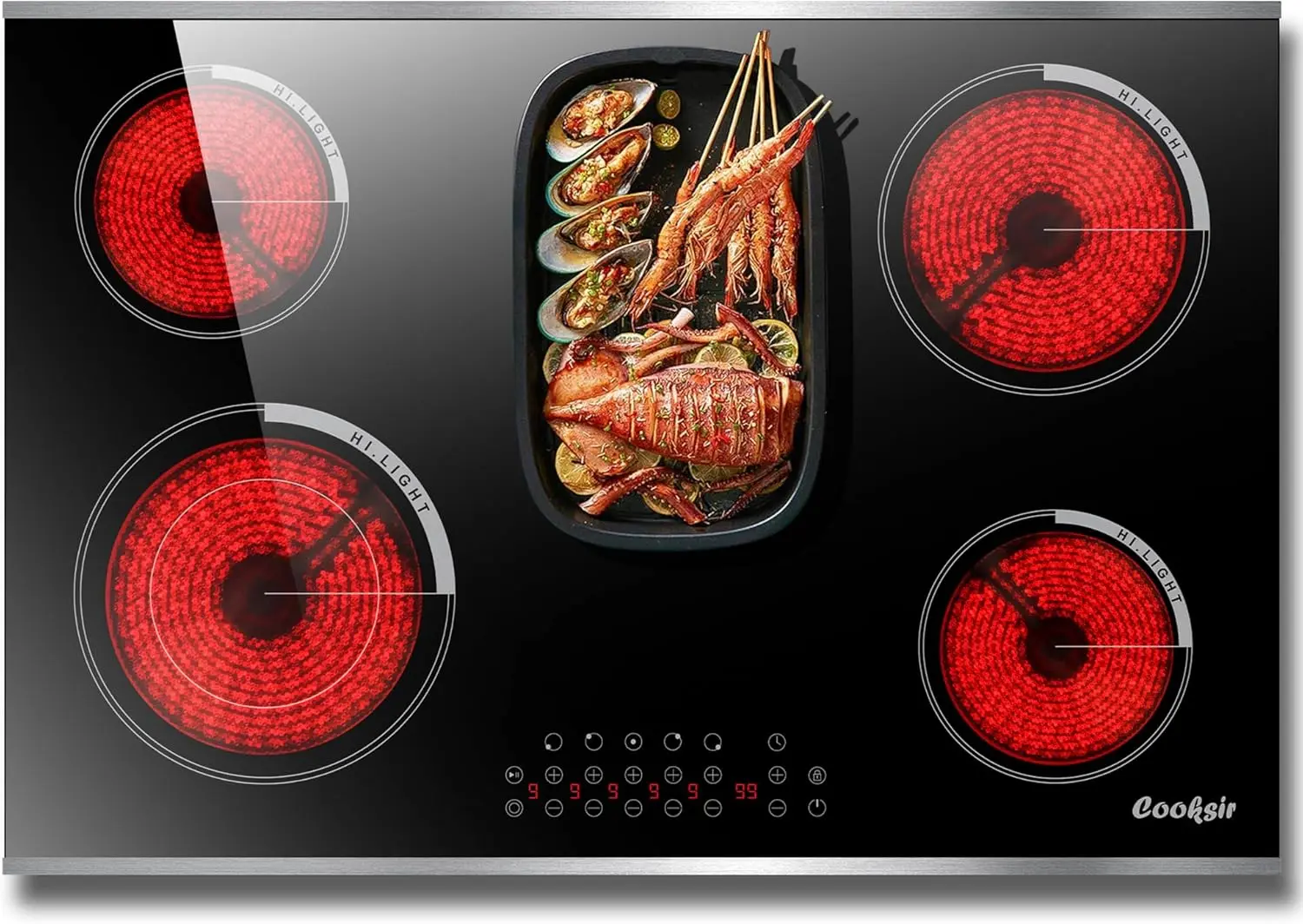 Cooktop 30 Inch, 5 Burner Built-in Electric Stove Top with Glass Protection Metal Frame, 8400W Radiant Glass Cooktop, Safety Loc