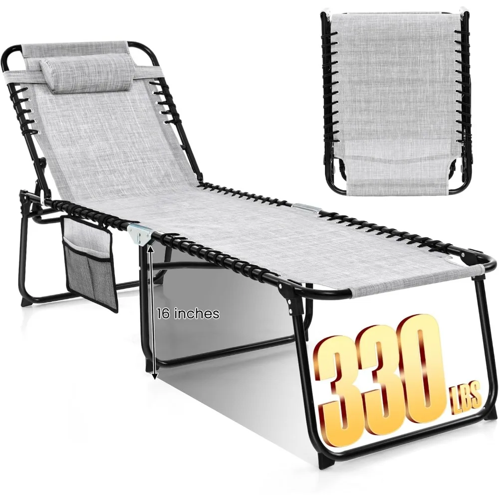 

Lounge Chairs for Outside, Extra High Folding Beach Tanning Lounger with Adjustable Backrest, Footrest & Removable Pillow,