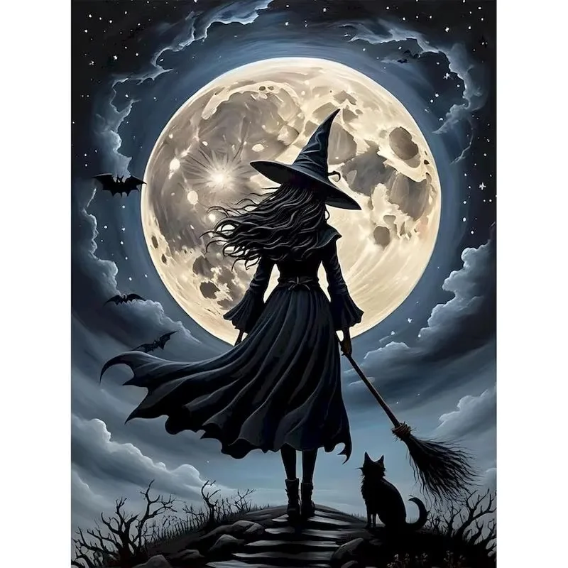 Oil Painting by Number Kit Witch Moon Castle Halloween Landscape Art Canvas Wall Art for Adults DIY Home Decor Gift