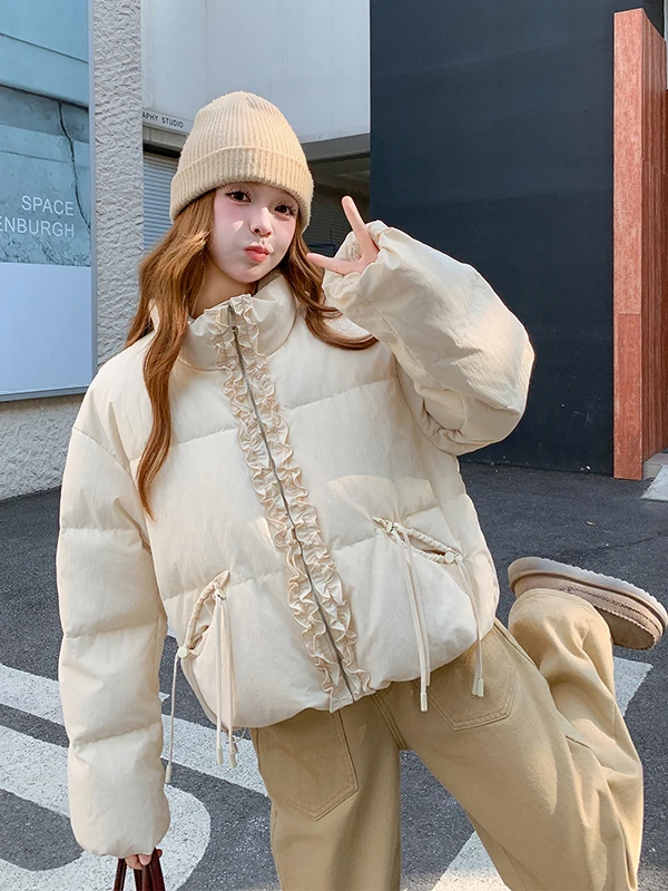 

Женская пуховая куртка Sweet Wood с воротником-стойкой и рюшами, зимняя коллекция 2025, новая, теплая, экологичная