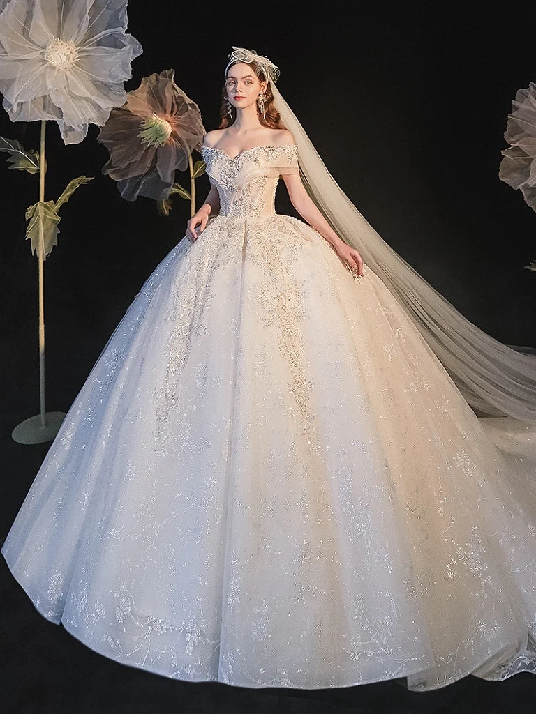 

Elegant Luxury Wedding Dresses Court Train Lace Beading Sequins Off the Shoulder Lace Up Formal Banquet Wedding Bridal Gowns