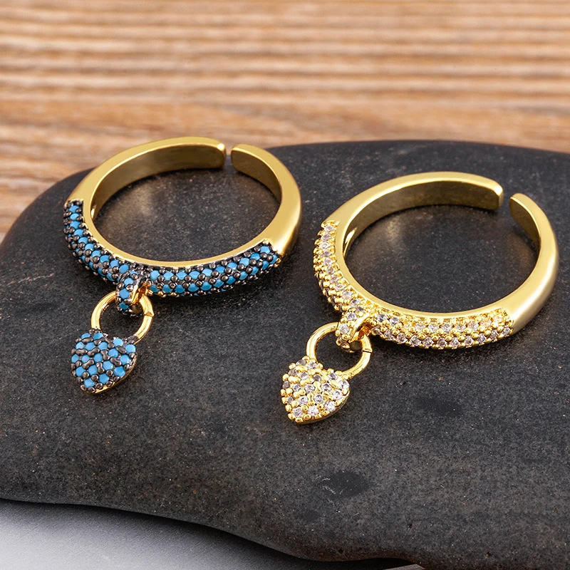 AIBEF Fashion Heart Pendant Rings For Women 3 Colors Copper Zircon Gold Color Open Ring Finger Jewelry Gift New