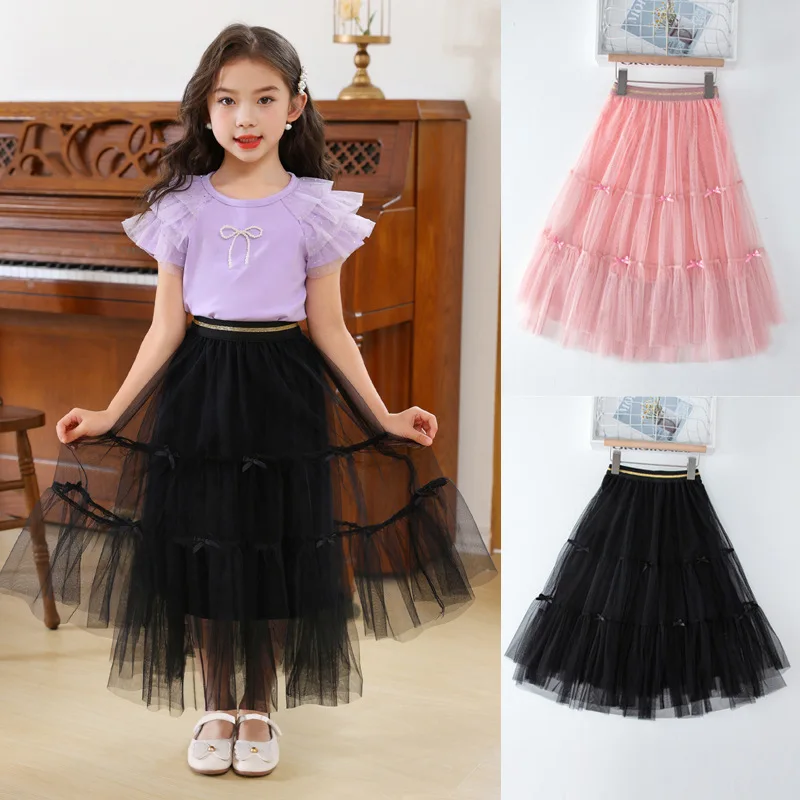 Fashion Girl Skirt Ball Gown Mesh Tutu Tulle Bow Tie Princess Skirts Teenager Girl Clothes Plus Size Kids Clothing Children