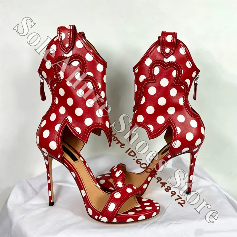Wave Stitched Cutout Ankle Cuff Stiletto Sandals Single Vamp Strap Side Zip Black Leather Open Toes Western Women Statement Shoe