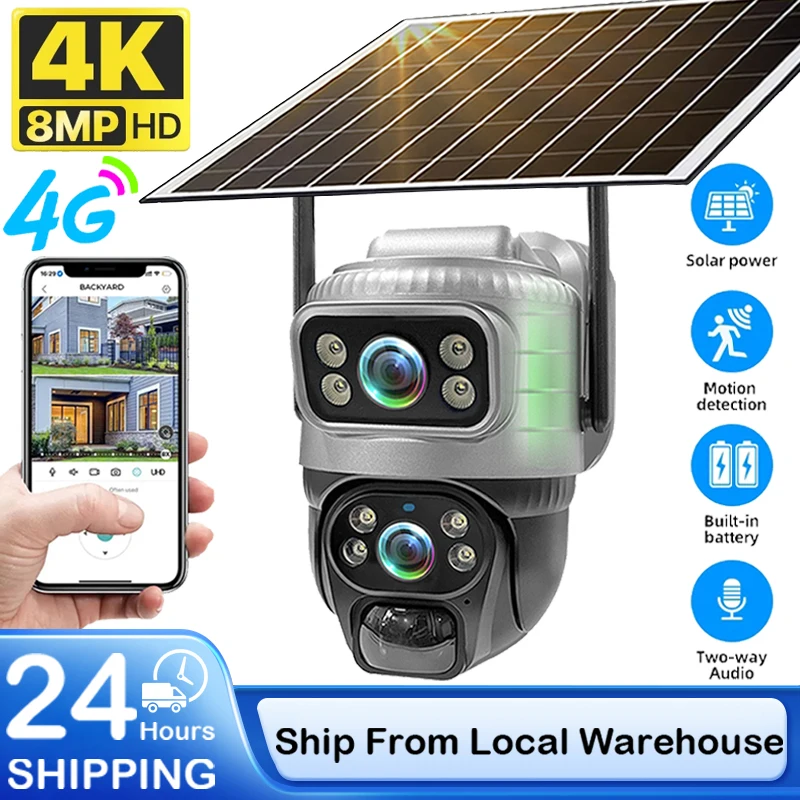 Caméra solaire V380 Pro 4G à double objectif, caméras de sécurité extérieures, vision nocturne, 4K 8MP, charge solaire, moniteur vidéo, batterie intégrée 8000mAh, surveillance
