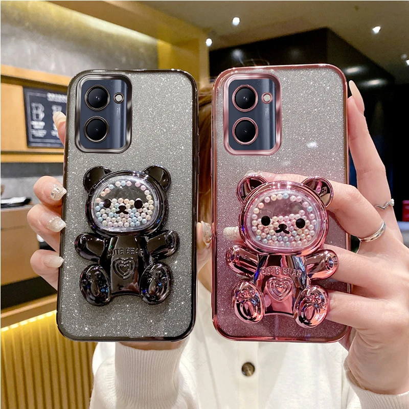 C 33 Glitter Bling Bear Silicone Phone Holder Case On For Oppo Realme C33 RealmeC33 Girl Woman Stand Back Cover