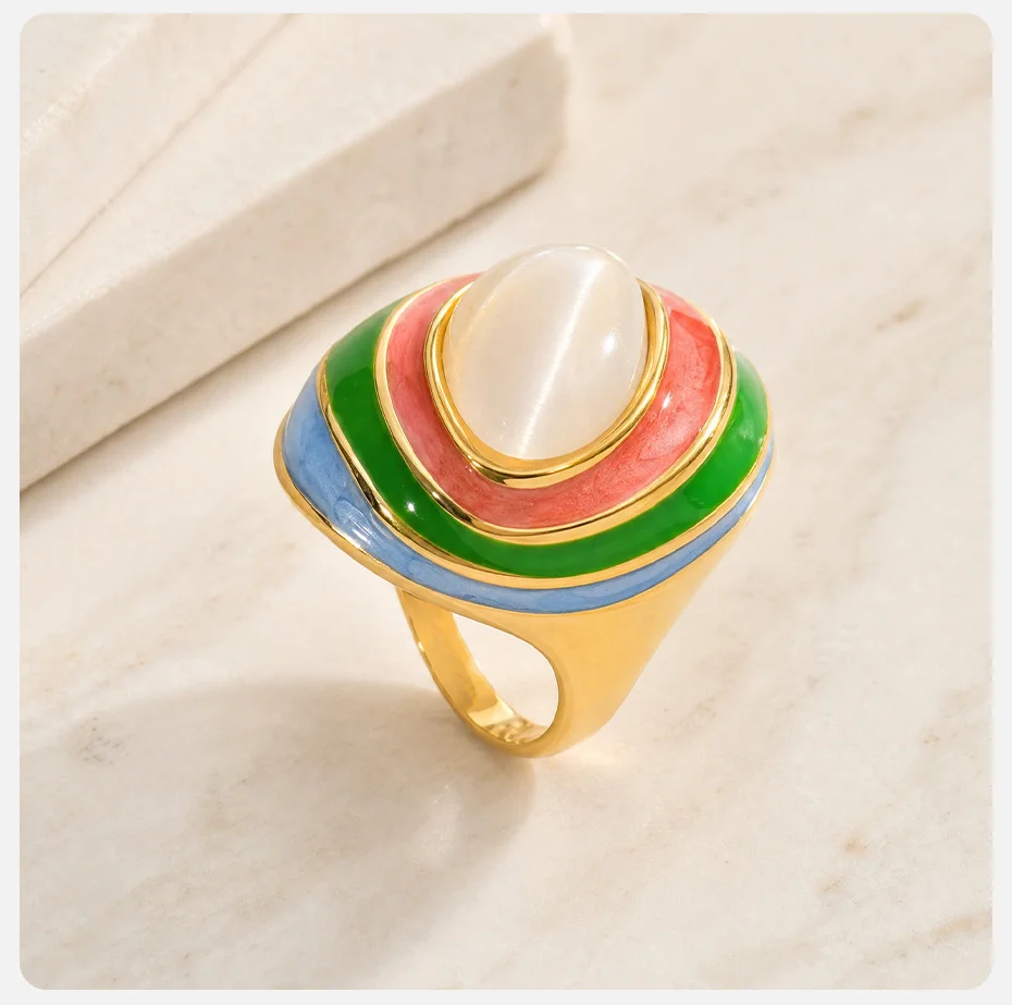 Vnox Geometrischer Spiralring mit Buntem Glasur-Effekt und Naturstein für Damen, Vergoldeter Edelstahl, Mehrschichtiger Farbring – Detail 5