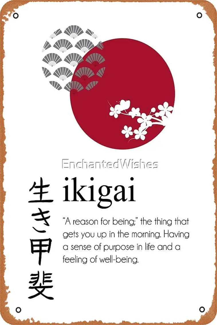 Ikigai Definition Japanese Beautiful Text Art Print Vintage Metal signage Tin signage 30.48 x 20.32 cm