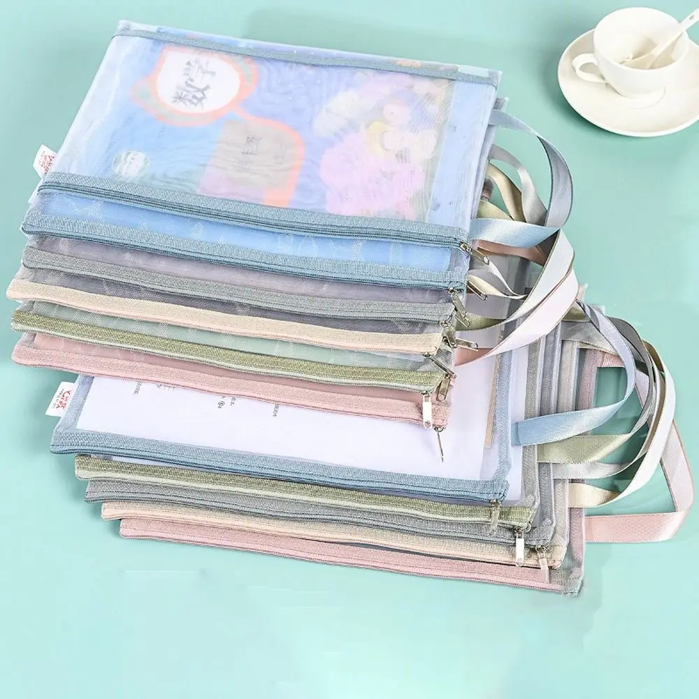 Double-Layer Storage Pouch Breathable Mesh Zipper Pencil Bag with Handle A4/A5 Document Storage Bag for School Office Games