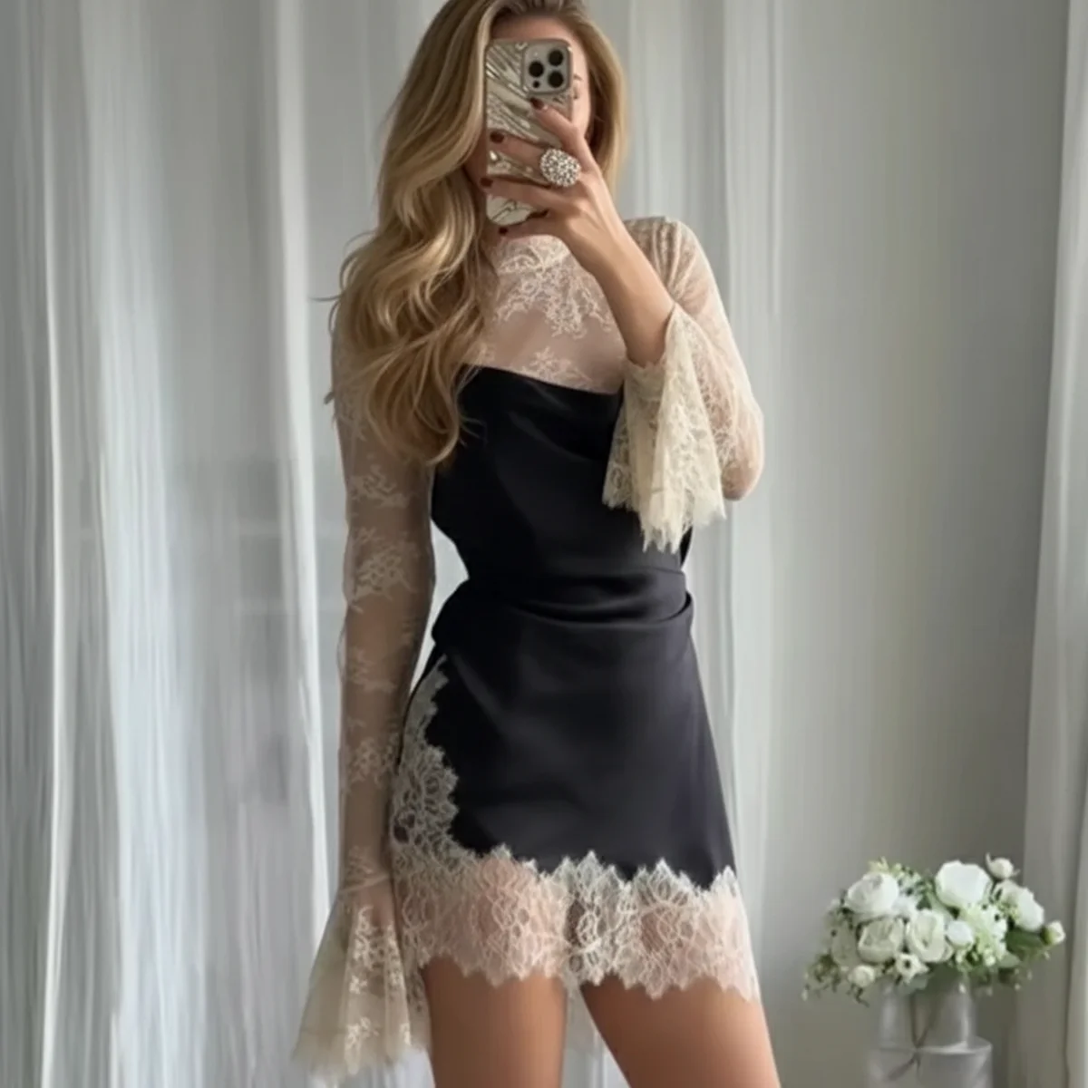 

2026 Женское кружевное лоскутное сексуальное мини-платье Элегантное расклешенное платье с рукавами на талии Прозрачные короткие платья Женские клубные вечерние платья