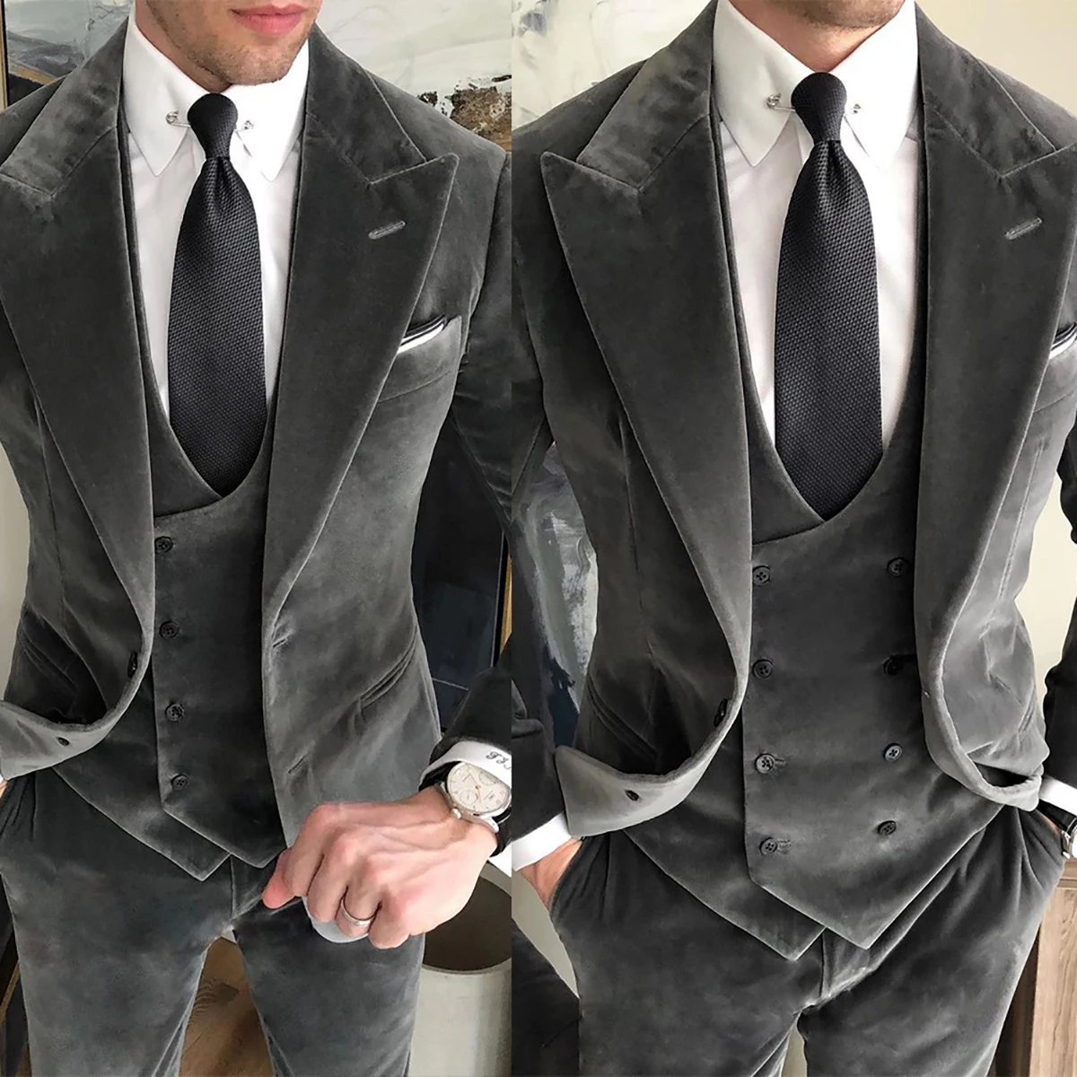 Classic Wedding Men Suits Grey Suede Closure Collar There-piece Tuxedos for Mens High Qualit Business Occasion Costume Made