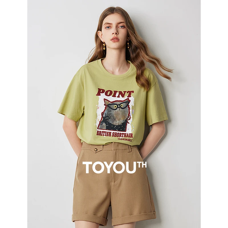 TOYOUTH Women Cartoon Cat Print T-shirt 2024 Summer New Cartoon Multi-Color Pure Cotton Top