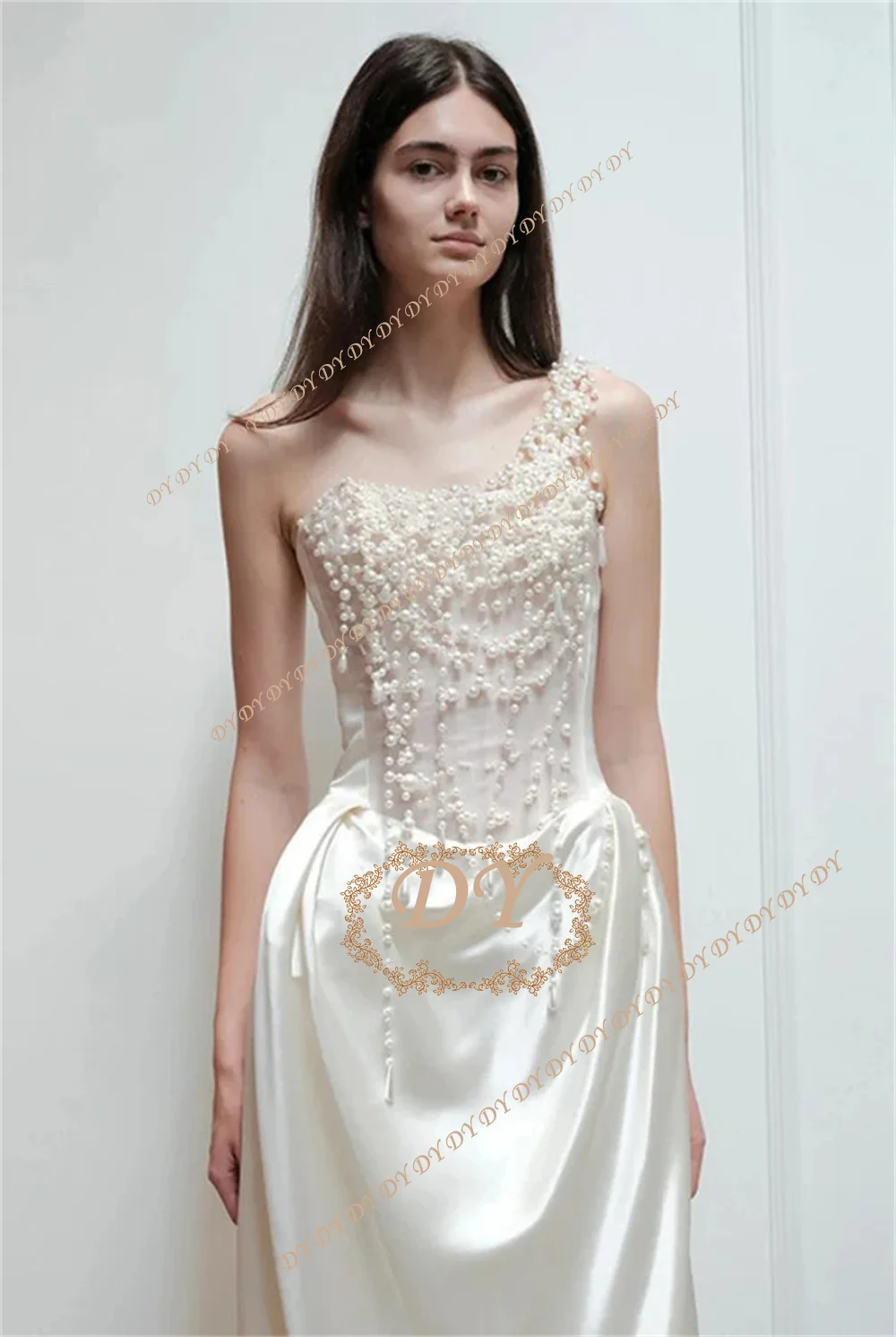 DY Fashion One Shoulder Sheath Wedding Dress Pearls Beading Satin Bridal Dress Sleeveless Floor Length Customized