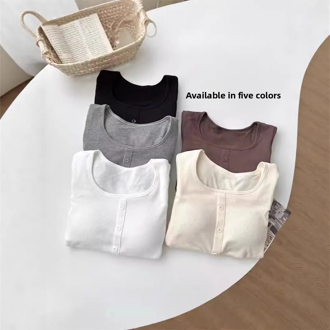 Winter Versatile Long Sleeve Base Shirt Slim Fit Inner Wear Top with Chest Pad Square Collar Can Be Worn outside Cotton High ...