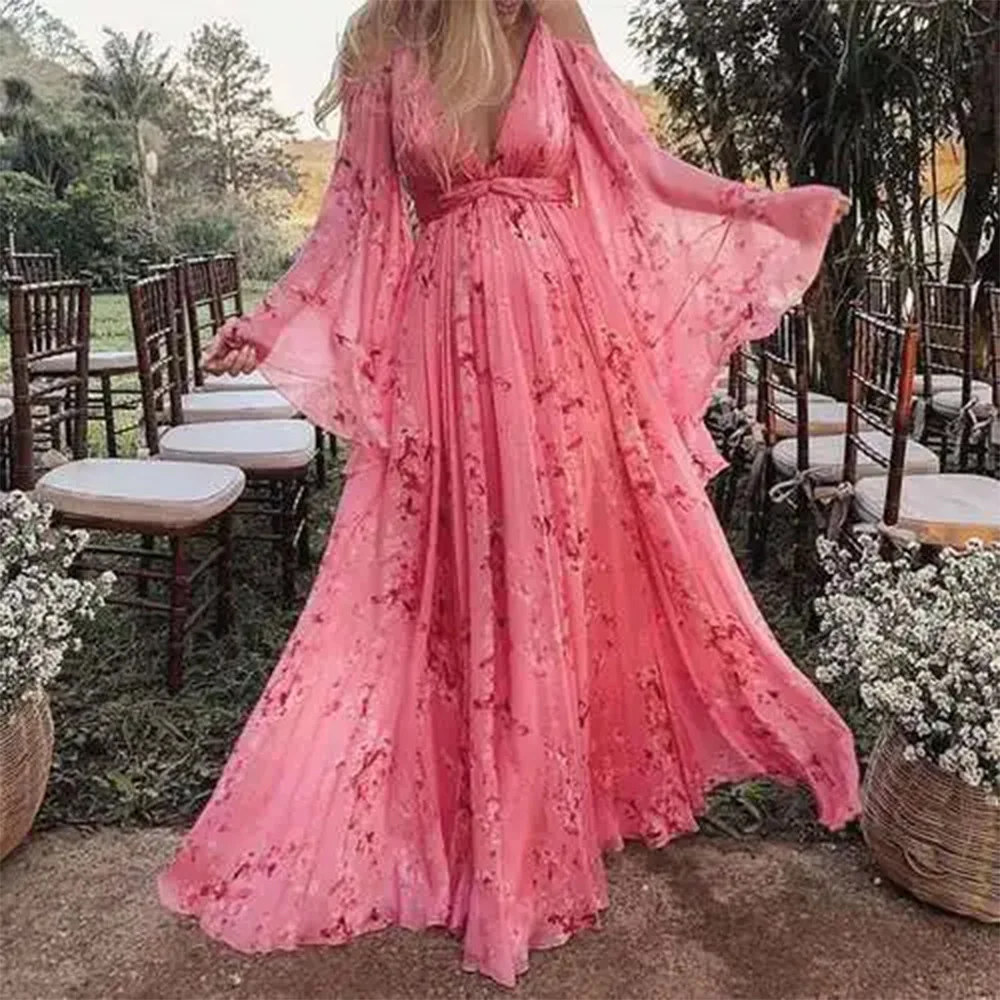 Dress For Pregnant Women Summer Pink Printed Pregnant Photo Shoot Clothing Beach Holiday Pregnant Woman Photography Dress