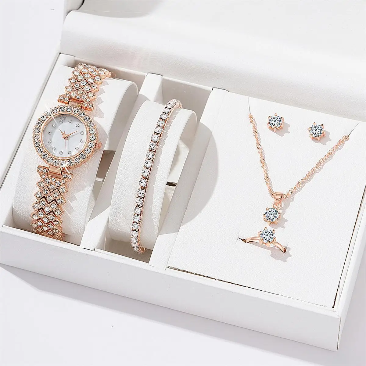 Luxury Women Quartz Watch with Diamonds Simple Stainless Steel Strap Clock Ring Necklace Earrings Rhinestone Set Reloj (no Box)