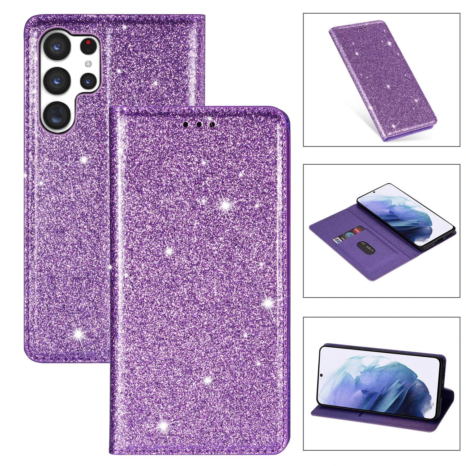Glitzernde Flip-Handyhülle für Samsung S26 Ultra S25 Plus S24 S23 FE A17 A37 A57 A16A36 A56 Brieftasche Kartenfach Magnetische Buchhülle
