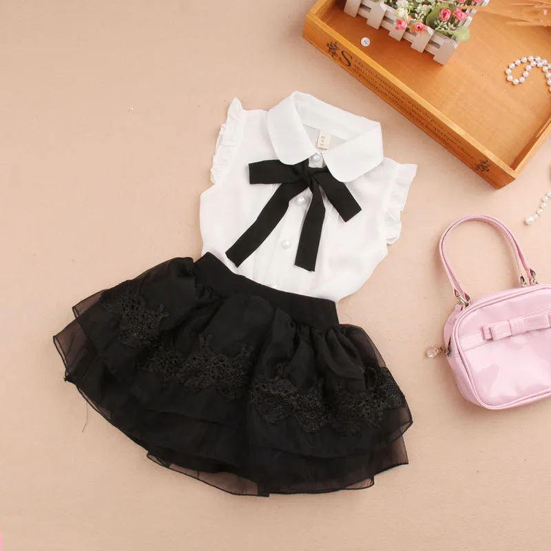 Summer Girls Clothes Casual Chiffon Sleeveless Blouse for Big Kids Korean Teenage Turn-down Collar White Shirts Black Bow Tops