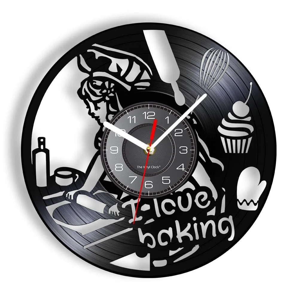 Baking Vinyl Record Wall Clock I Love Baking Kitchen Decor Chef Whisk Cupcake Silent Watch Baker Pastry Chef Gift