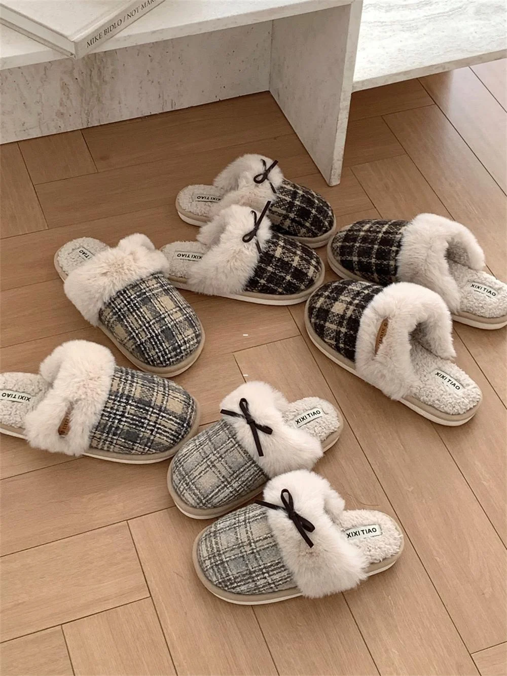 

Парные хлопковые тапочки с бантом, домашние, нескользящие, зимние, теплые, на плоской подошве, повседневные, для мужчин и женщин