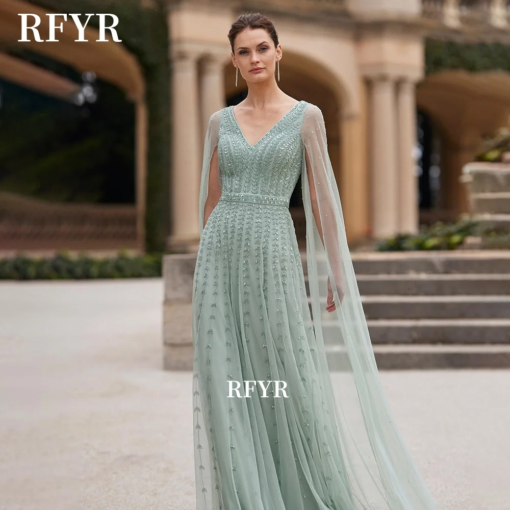 

RFYR Sexy V Neck Prom Dress Cape Sleeve Beading Evening Dress with Crystal Stone Party Gown فساتين مناسبة رسمية Customized