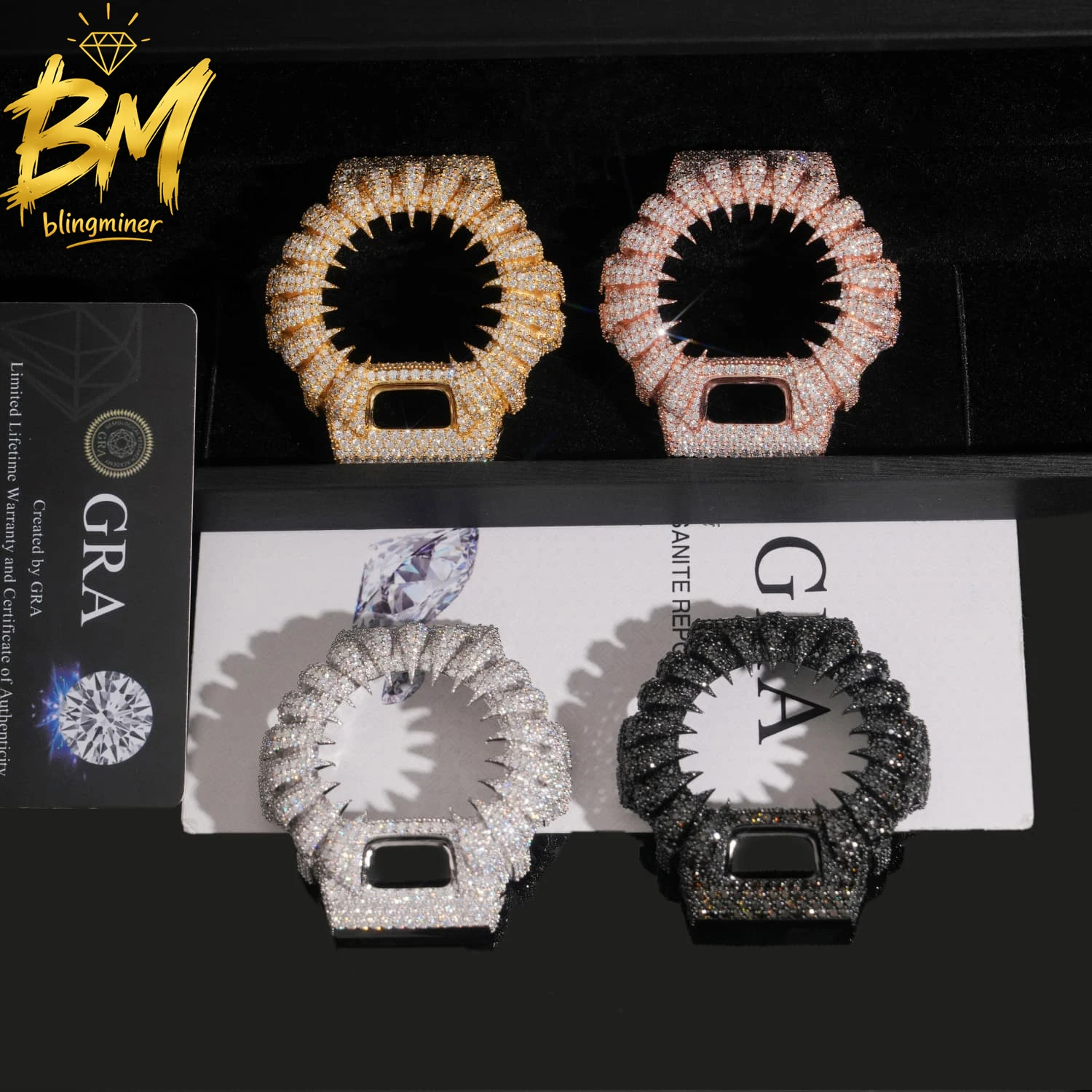 Blingminer CAS** DW6900 VVS Moissanite Watch Case Brass Can Pass Diamonds Tester With GRA Wrist Diamonds Case Free Shipping