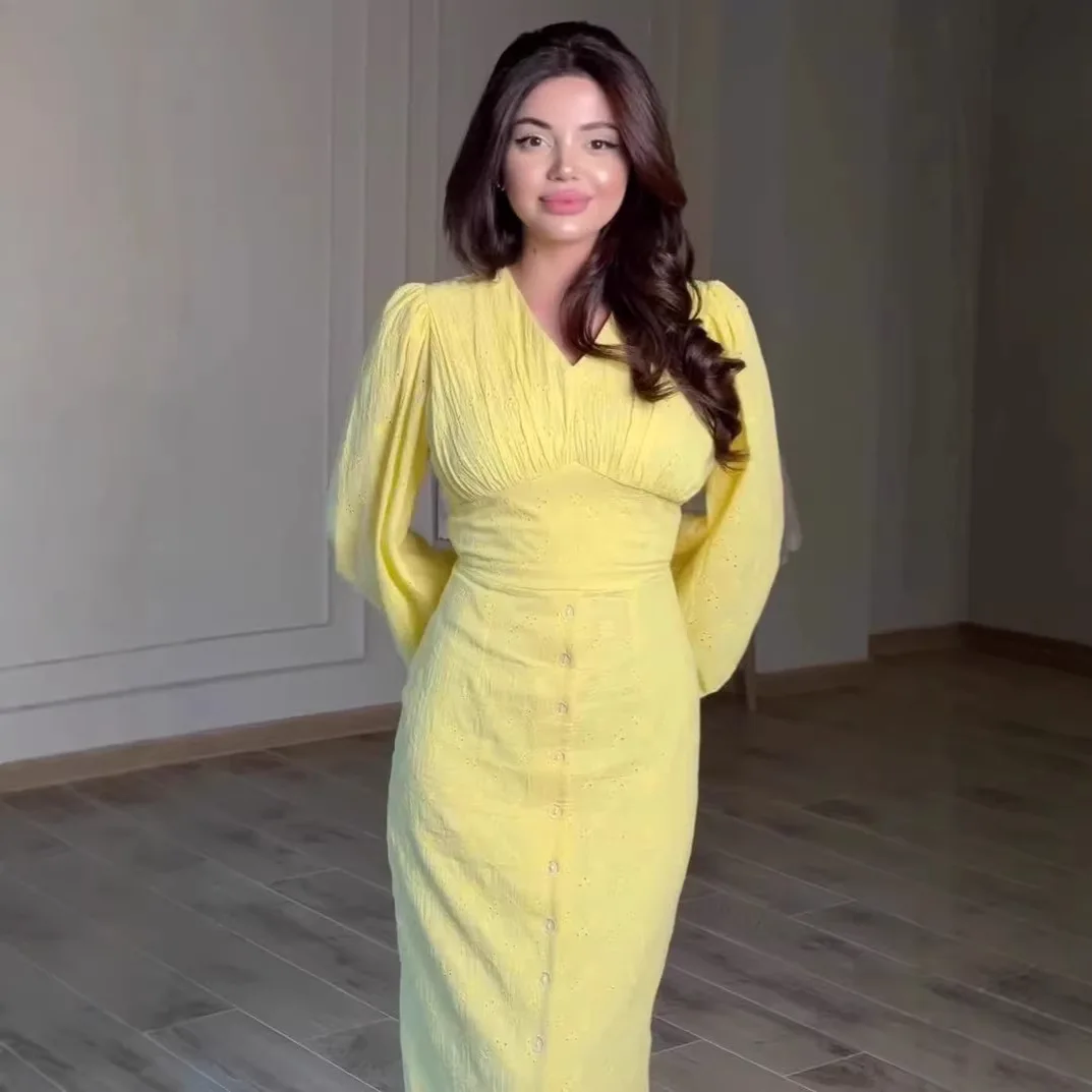 Langes Kleid für Damen, V-Ausschnitt, A-Linie, Laternenärmel, enge Taille, Schnürung, elegant, Y2k, Streetwear, Arbeit, Knopfleiste, Urlaub