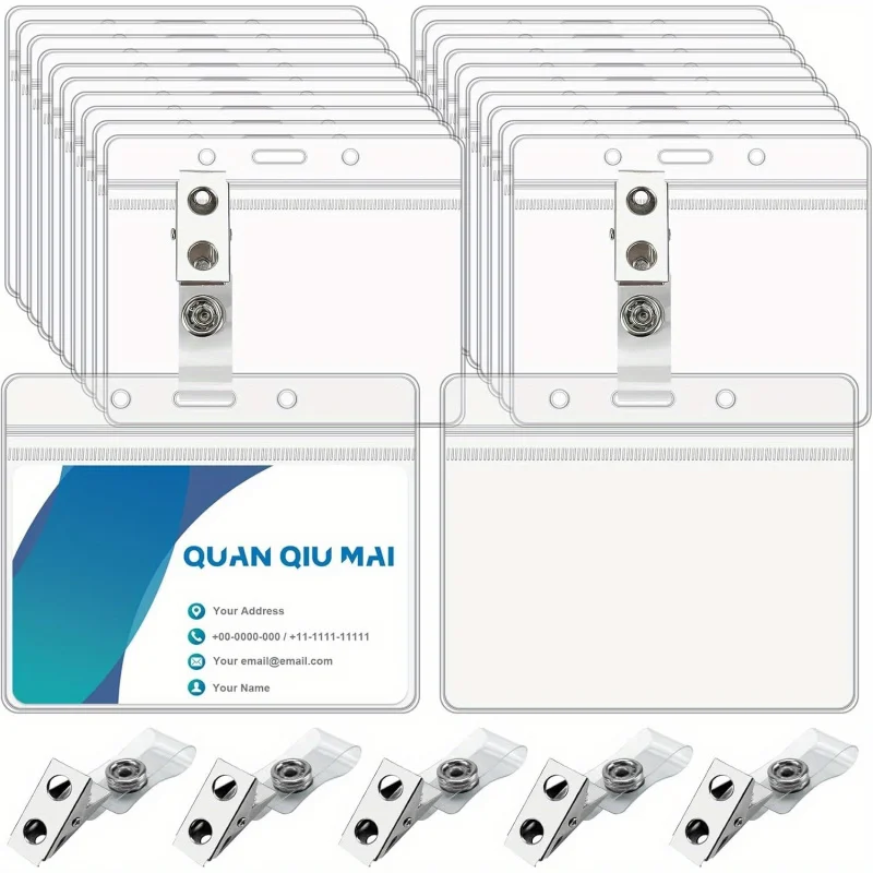 Name Tag with Clip，25 Set of Name Tag Holders and Metal Clips Transparent PVC Horizontal Name Tag ID Card Holder Waterproof ID C