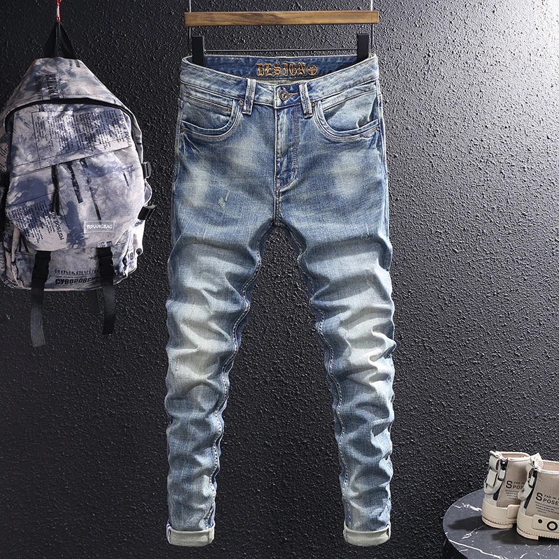 

Italian Style Fashion Men Jeans Retro Blue Elastic Stretch Slim Ripped Jeans Men Embroidery Designer Vintage Denim Pants Hombre