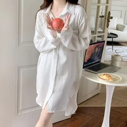 White Women Nightgown Korean Sleepwear Pocket Nightwear Autumn Night Dress Long Sleeve One Piece Pajamas Button Home Wear New