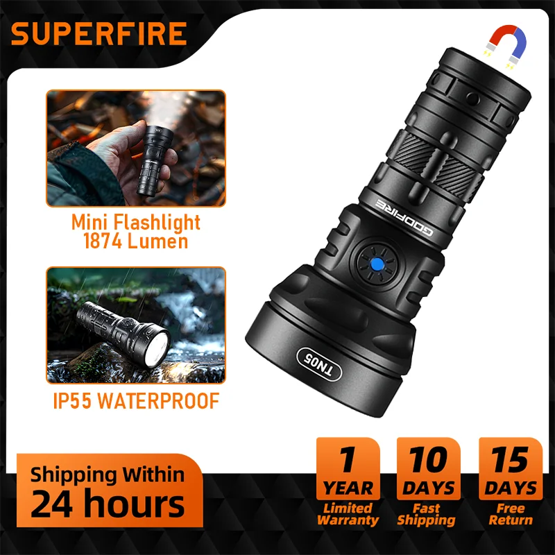 ミニled懐中電灯充電式usb-cハイパワー戦術的テールマグネット付きsuperfire-tn05-lm20w